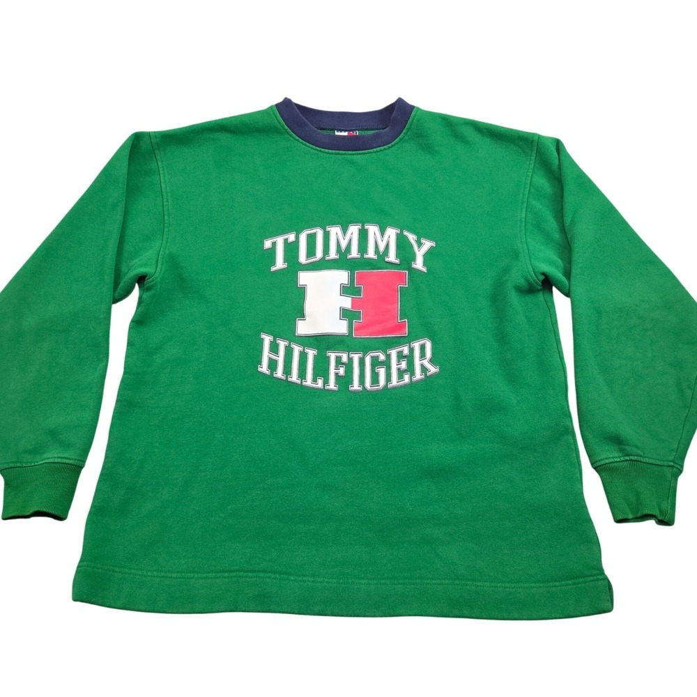 Vintage Tommy Hilfiger Sweatshirt Mens XL Green Vintage Logo Fleece Pullover 90s